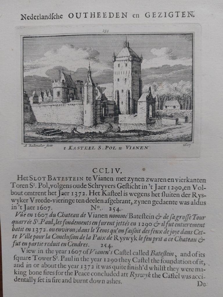 254 / Kasteel S. Pol Vianen Gravure A. Rademaker 1e druk, Ophalen of Verzenden