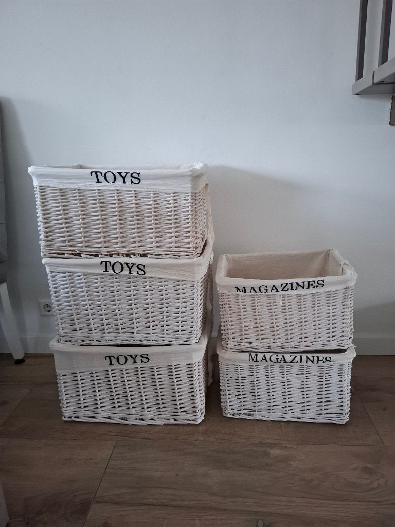 5 rieten opbergmanden wit met tekst – 2 maten, Ophalen, Gebruikt, Gevlochten, Mand