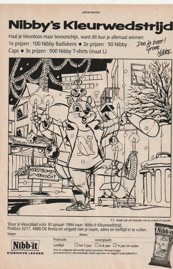Retro reclame 1993 Nibb-it chips Kerst kleurwedstrijd, Verzenden, Overige typen