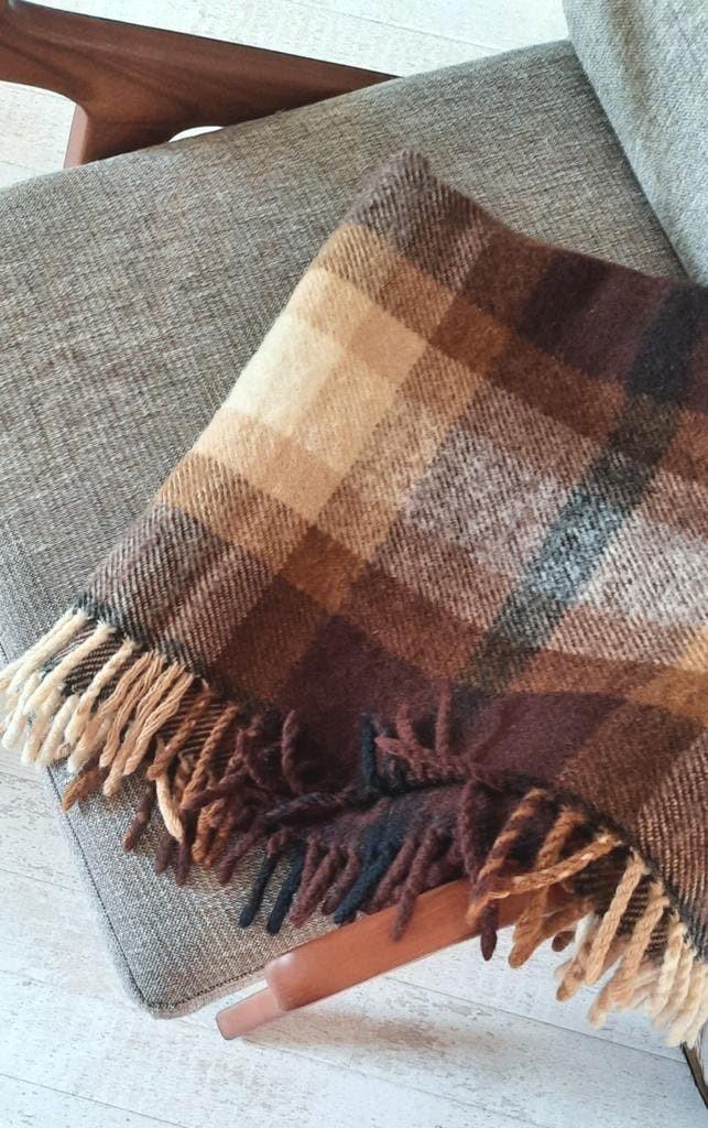 Vintage AaBe Zuiver Scheerwol Deken - Bruin/Beige Ruit, Huis en Inrichting, Gebruikt, Bruin, 100 tot 150 cm, Vintage, Landelijk, Retro