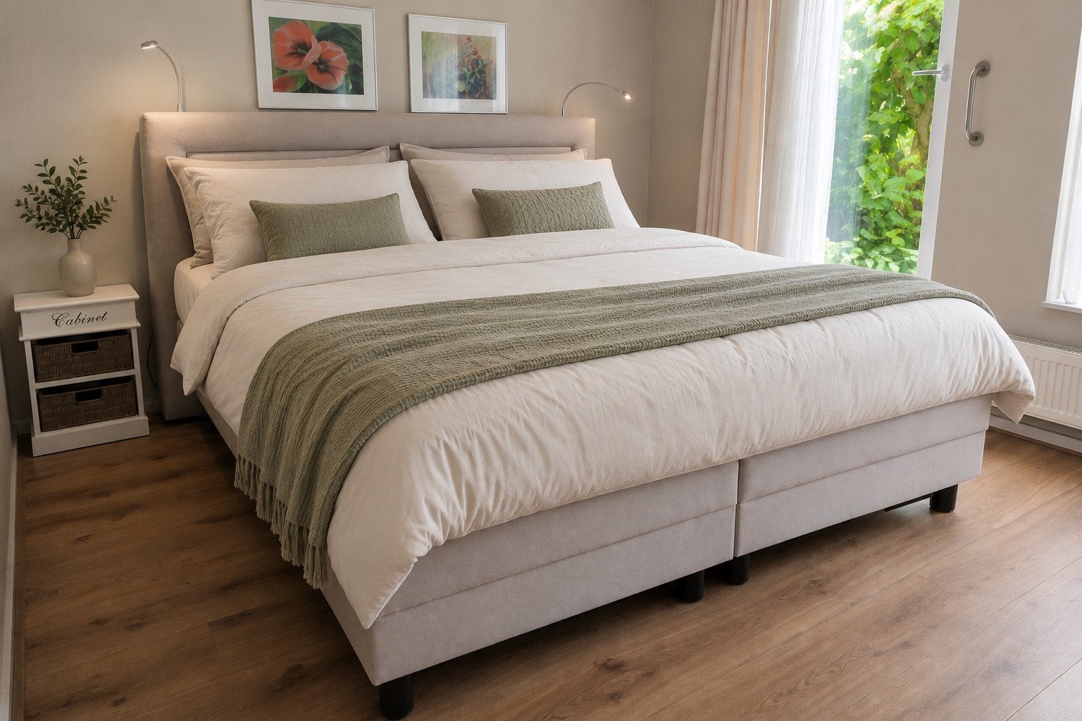 Complete elektrische boxspring 180  200 cm, Verstelbaar, Beige, Tweepersoons, Zo goed als nieuw