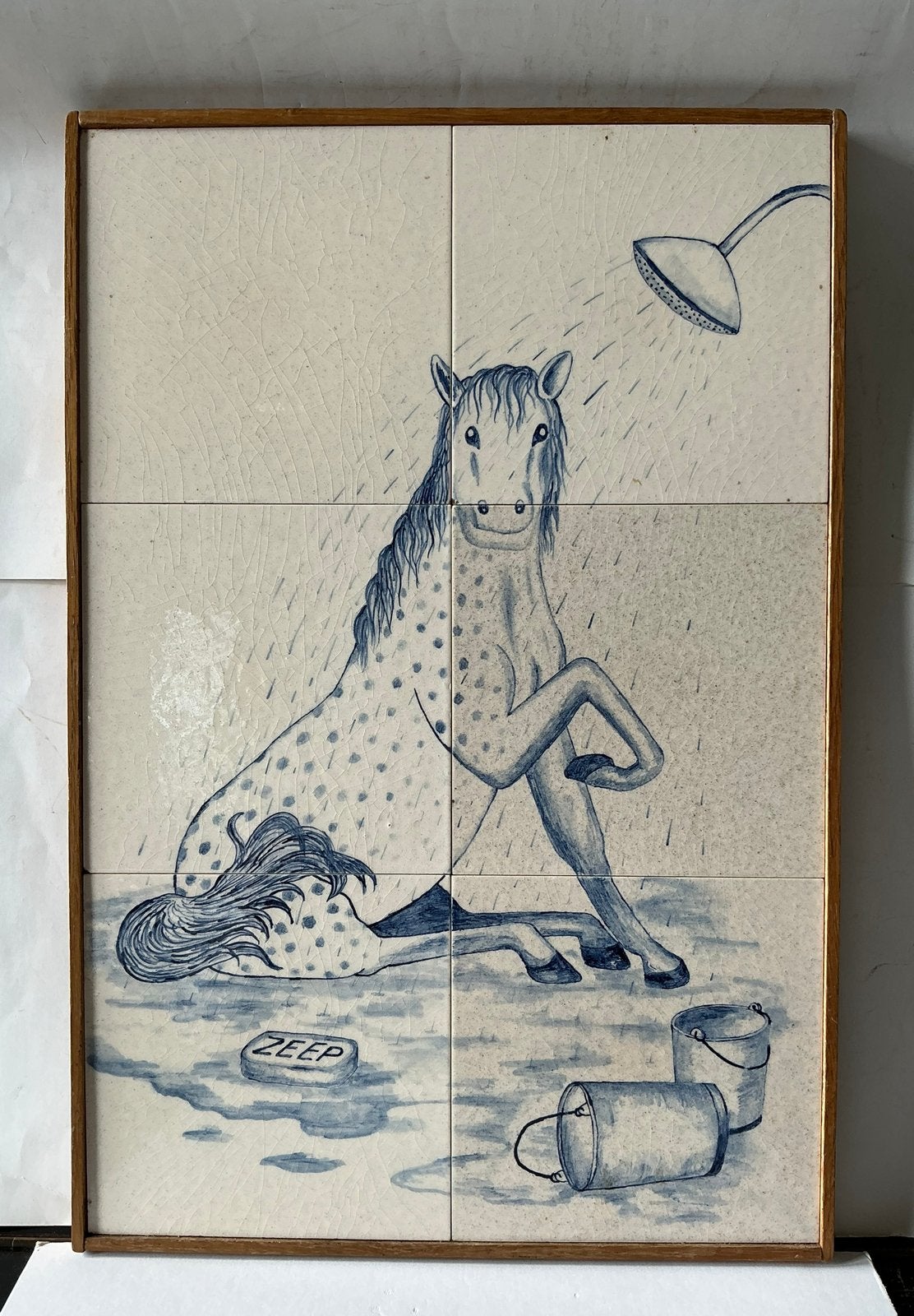 Tegeltableau met een schimmel (paard dus) onder de douche 6x, Ophalen of Verzenden