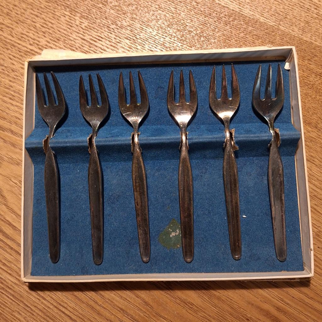 6 zilveren gebaksvorkjes van Silva Pleet in originele doos, Ophalen of Verzenden