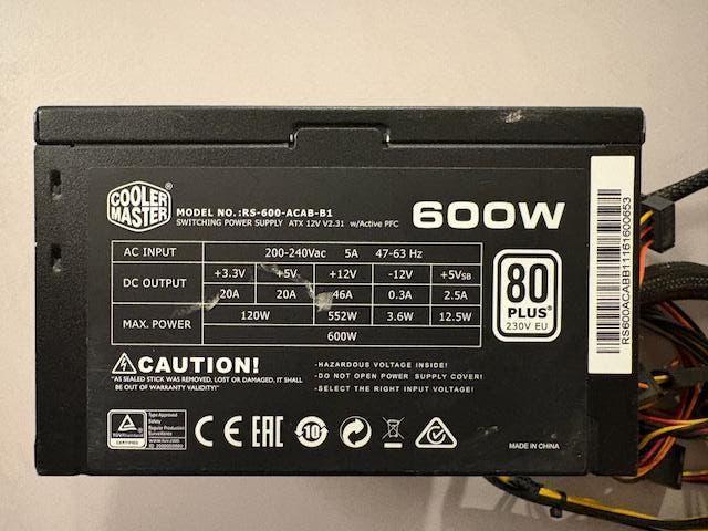Cooler Master B600 ver.2 — 600W voeding (RS-600-ACAB-B1), Computers en Software, Ophalen of Verzenden, Gebruikt