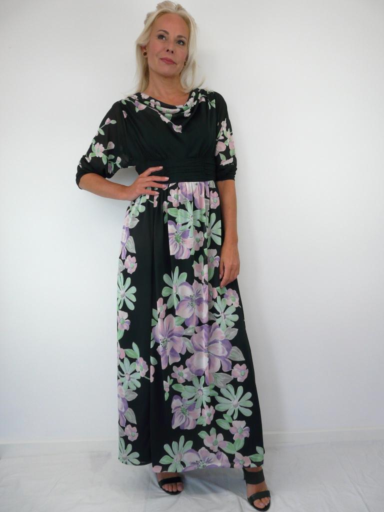 *Abfab Vintage Gebloemde Lange 70's Jurk 40*, Maat 38/40 (M), Creation Hoffman exclusiv, Zwart, Ophalen of Verzenden