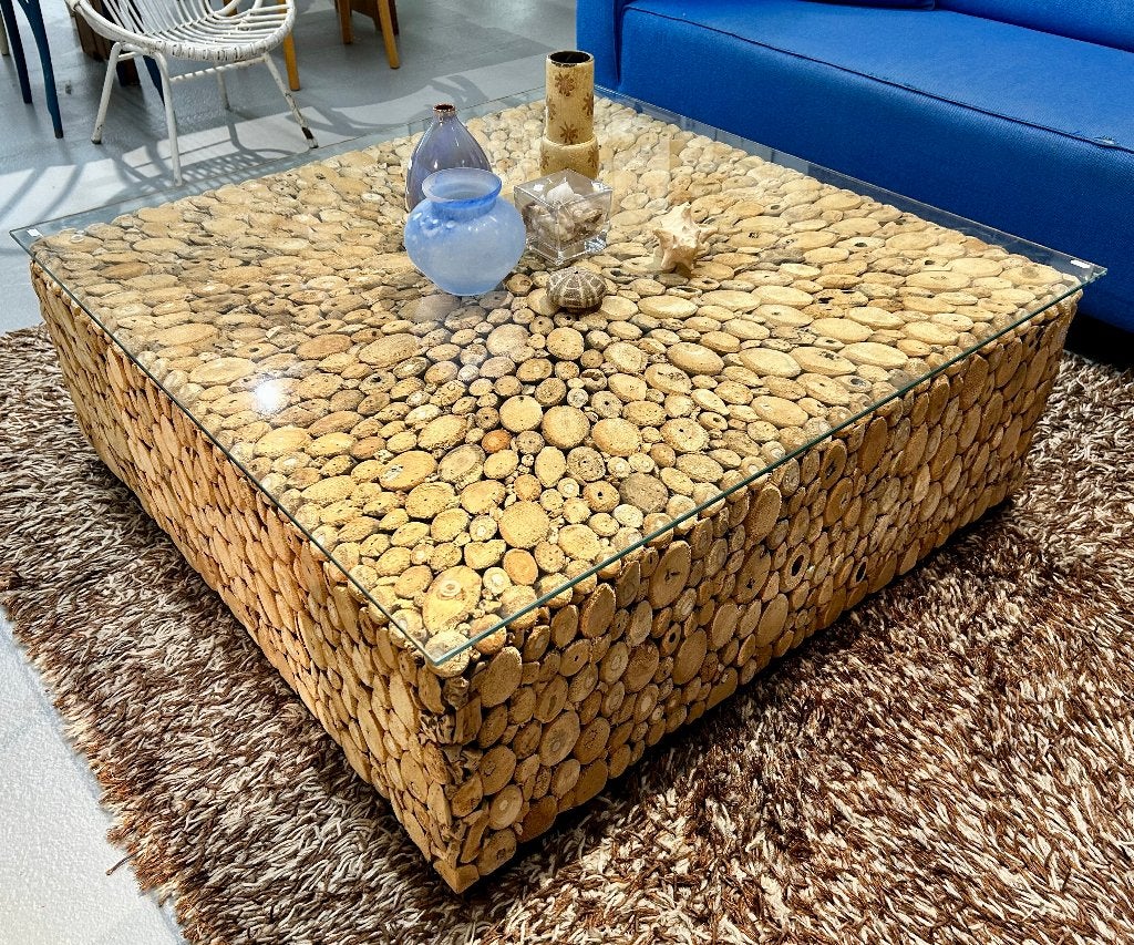 Rofra Home salontafel van drijfhout met glazen blad # 398, Huis en Inrichting, Ophalen, Driftwood, Glas, Salontafel