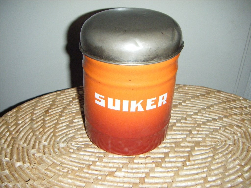 Antiek,oranje gevlamd emaille suikerblik,terra,jaren'30-'40, Ophalen of Verzenden