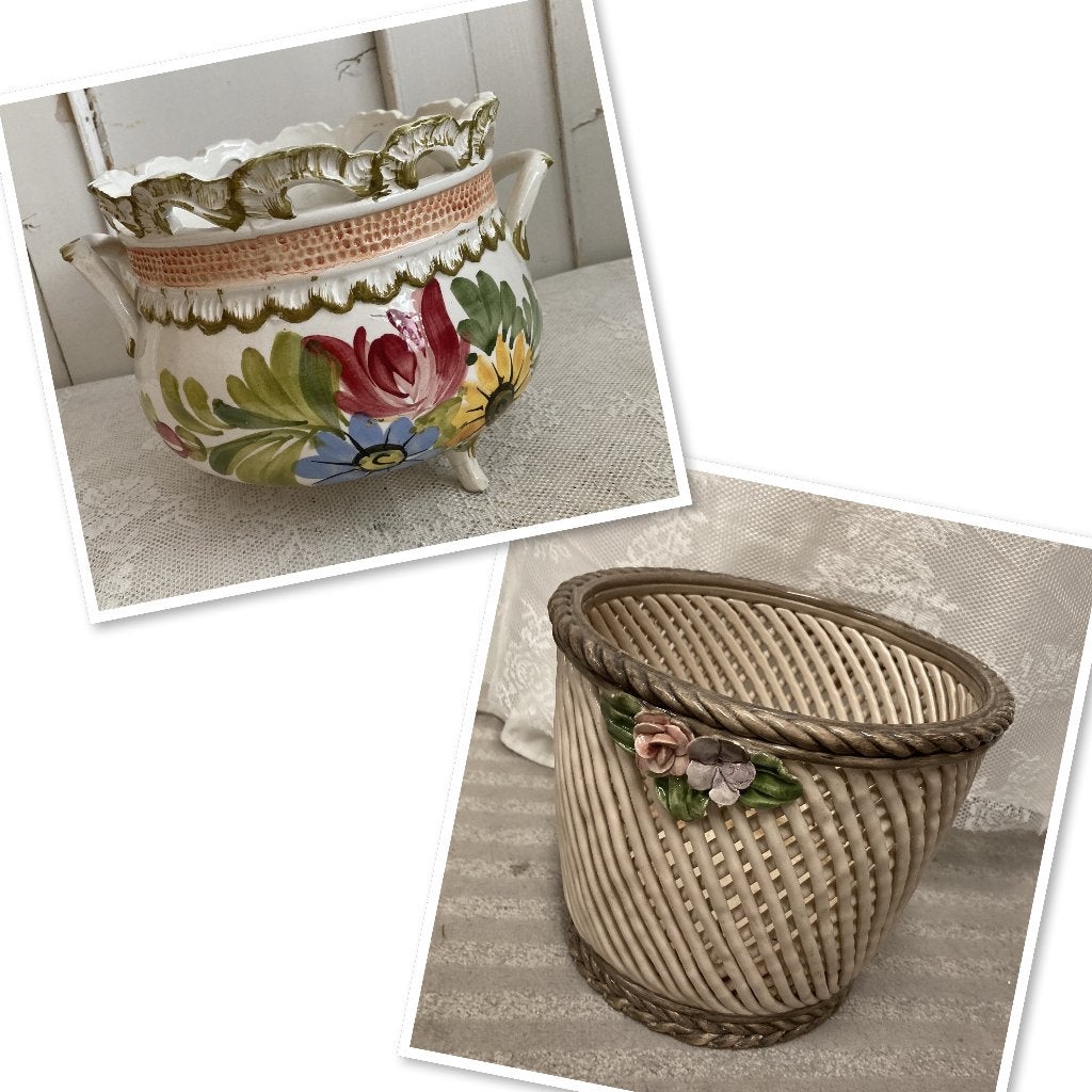 2x Brocante bloempot - overpot - sierpot, Tuin en Terras, Ophalen, Binnen, ---, Aardewerk