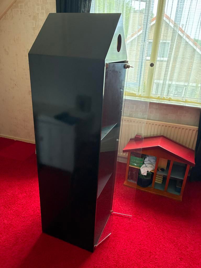 Zwarte vitrinekast met glazen deuren en planken, Ophalen, Overige materialen, Minder dan 50 cm, Gebruikt