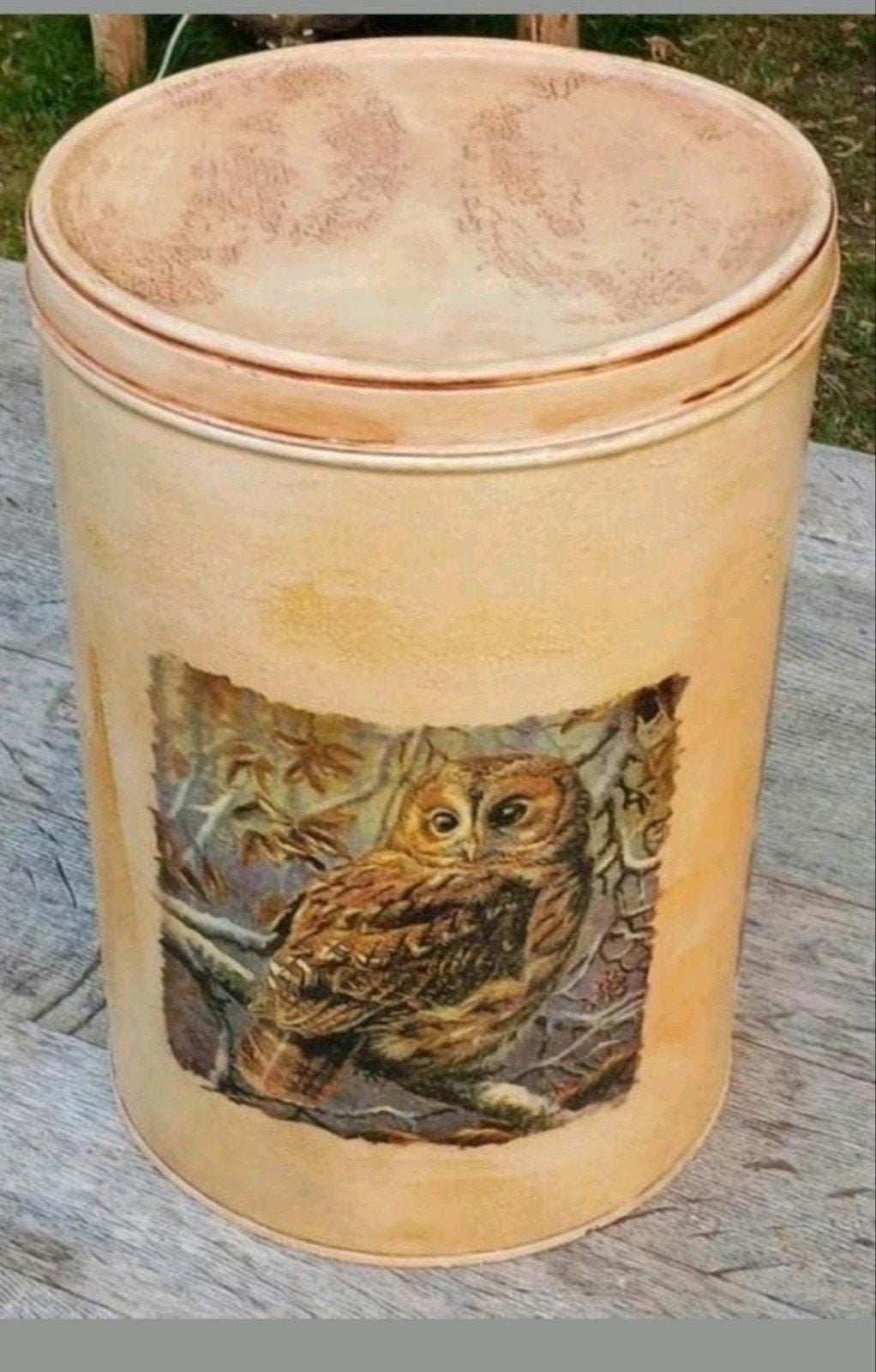 Vintage blikken trommel met uilenprint en deksel, Ophalen of Verzenden
