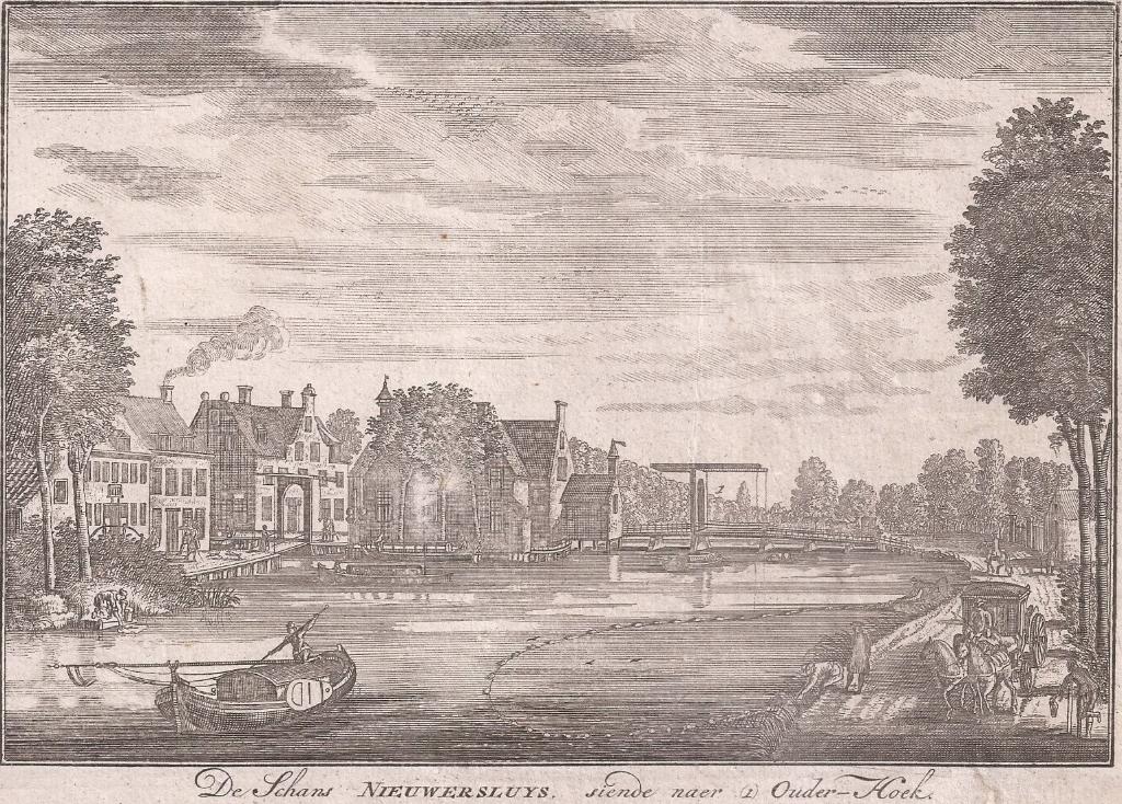 De Schans Nieuwersluis siende naer Ouder-Hoek 1719, Origineel, Stadsgezicht, Ophalen of Verzenden, Gravure