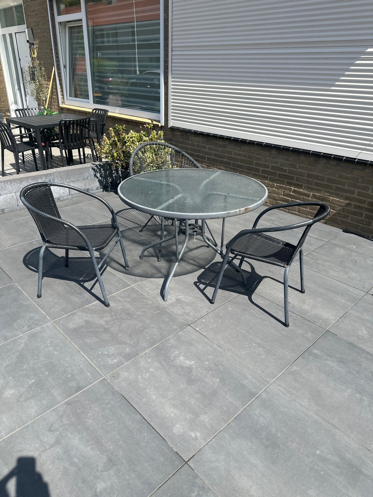 Tuinset met glazen tafel en 3 stoelen, Tuin en Terras, Ophalen, Overige materialen, Gebruikt, Eettafel