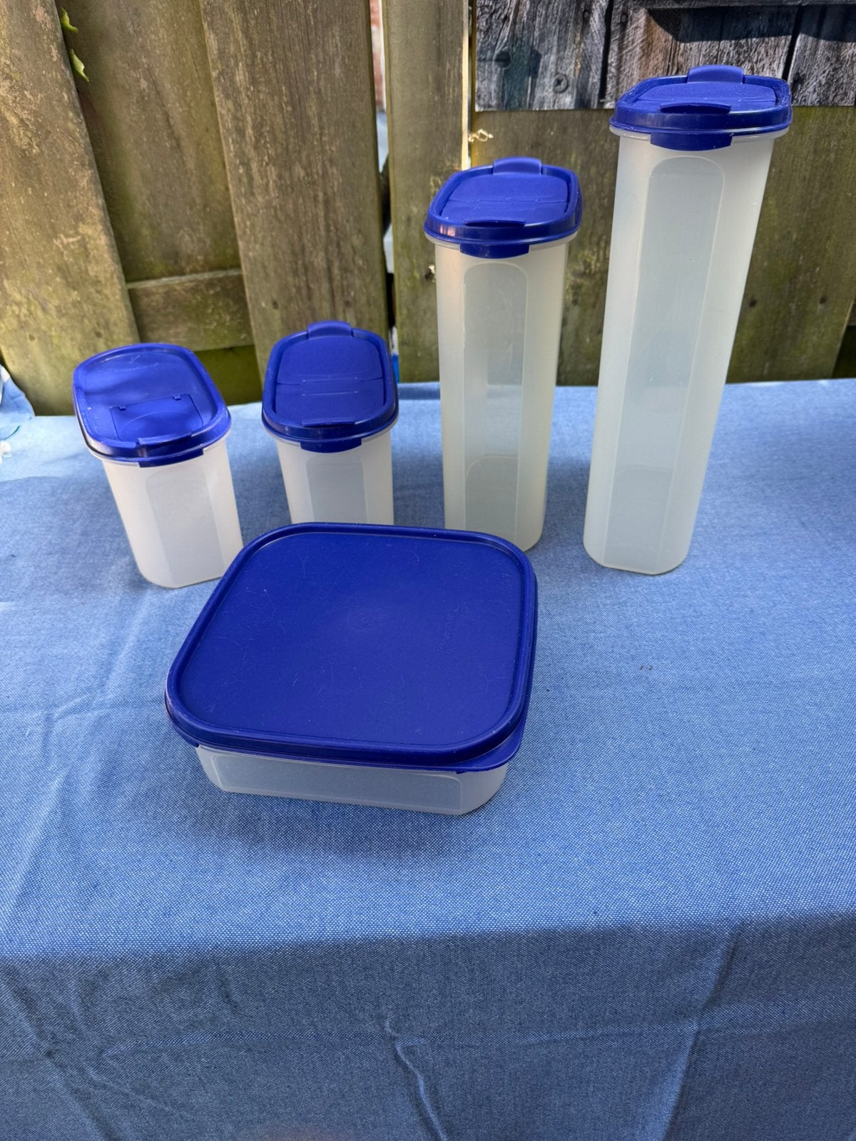 Set van 5 Ruimtespaarders van Tupperware, voorraadbussen, Luchtdicht, Gebruikt, Blauw, Ophalen of Verzenden