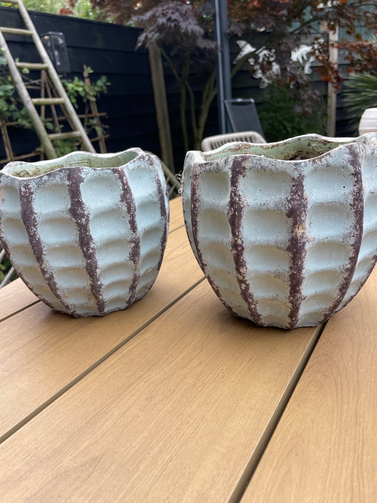 Set van 2 PTMD bloempotten, mintgroen-bruin, 15 cm, Tuin en Terras, Bloempotten, Gebruikt, Aardewerk, Binnen, Minder dan 40 cm