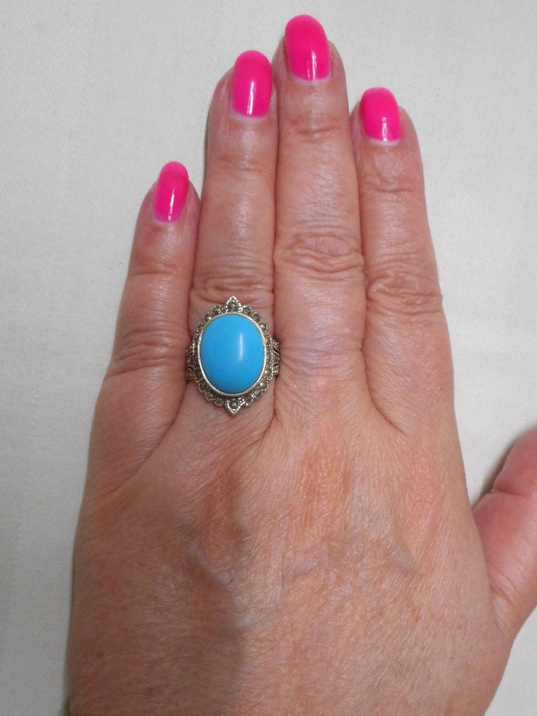 Zilveren vintage ring met turquoise maat 17.75 nr.1356, Gebruikt, Verzenden, 17 tot 18, Dame
