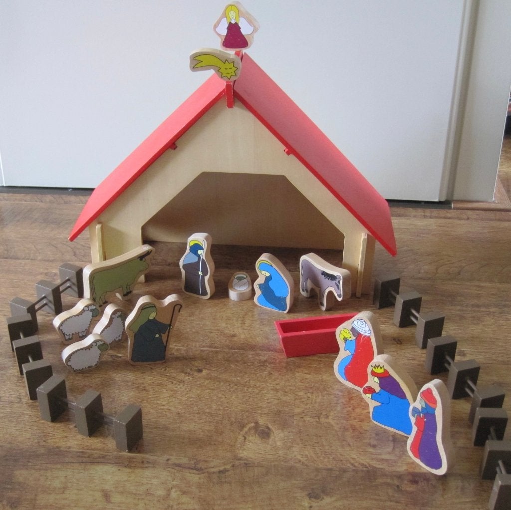 houten kerststal met 14 figuren, Diversen, Kerst, Ophalen of Verzenden, Gebruikt