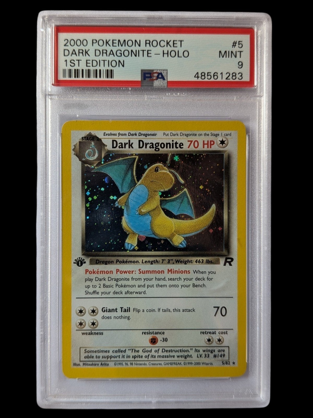 PSA 9 Mint Dark Dragonite Holo 1st Edition Pokémon Kaart, Ophalen of Verzenden, Zo goed als nieuw, Losse kaart, Foil