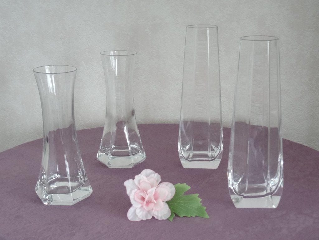 4 vintage jaren80 glazen vaasjes, 2x 6-hoekig en 2x 8-hoekig, Ophalen of Verzenden, Nieuw, Glas
