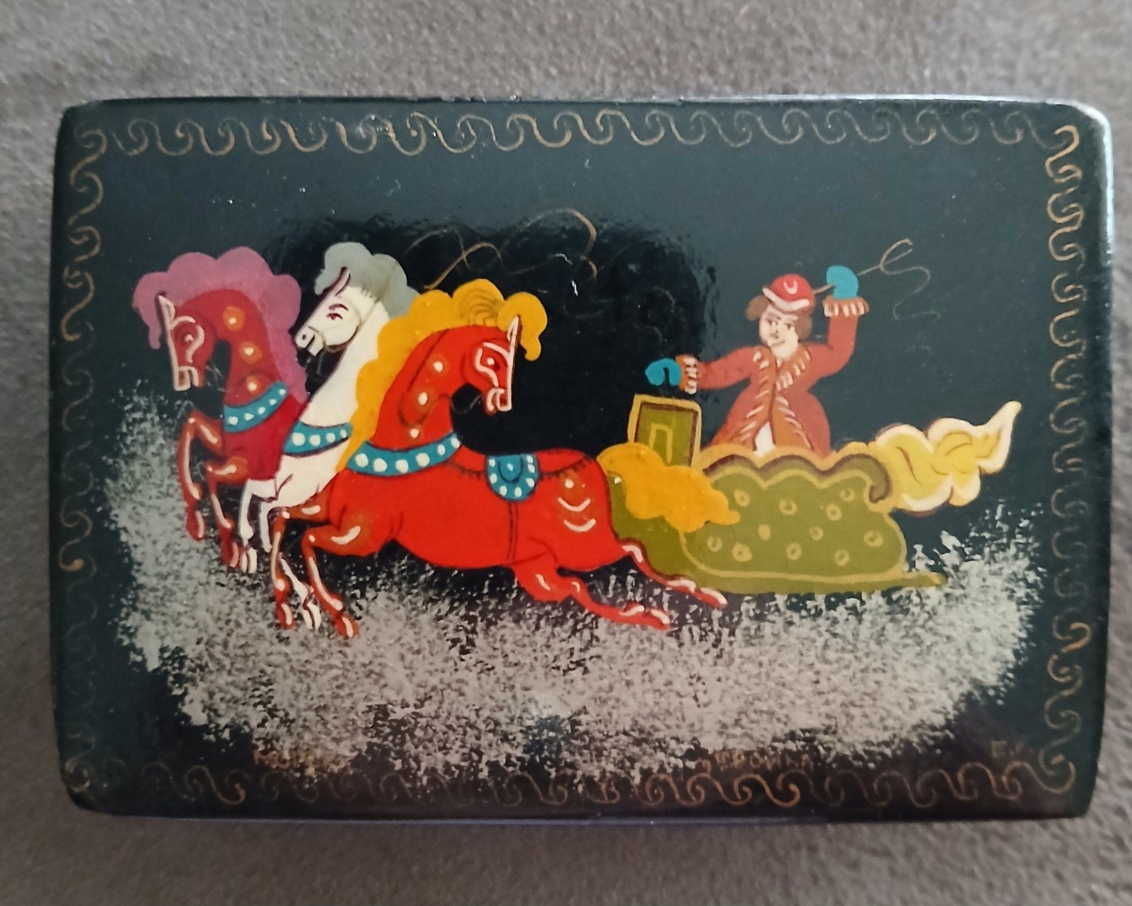 Vintage Lakdoosje met Russische Trojka Schilderij, Ophalen of Verzenden