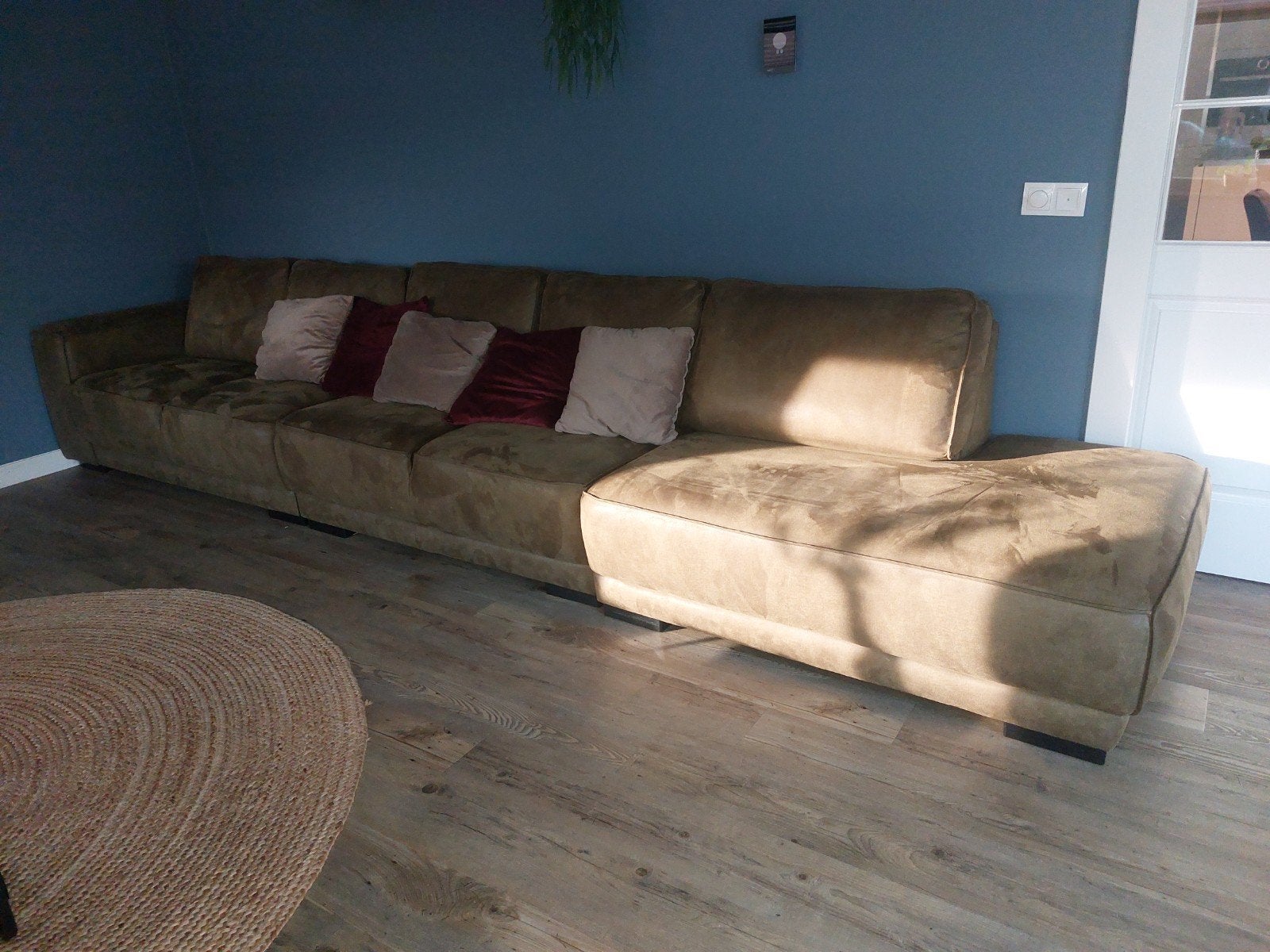 ZGAN. Grote luxe bank met chaise longue - Olijfgroen, Ophalen, Modern, Comfortabel, 100 tot 125 cm, 300 cm of meer