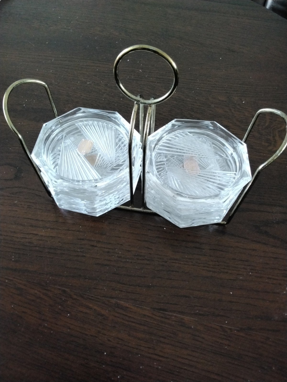 12 retro Bohemia glazen onderzetters in houder, Huis en Inrichting, Glasonderzetter, Ophalen of Verzenden, Zo goed als nieuw, Met houder