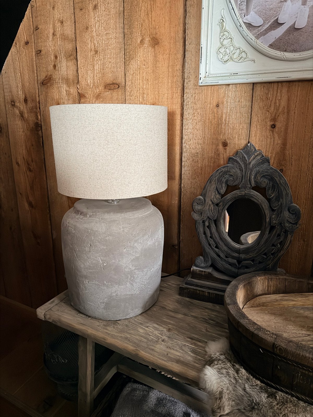 Sobere landelijke kruiklamp met stoffen kap - Grijs/Beige, Ophalen, Grijs, Textiel, Zo goed als nieuw