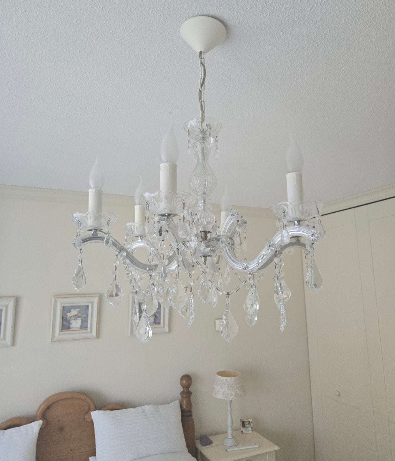 Elegante Kroonluchter met Kristallen - 6 Lichtpunten, E14 (klein), Ophalen of Verzenden, Zo goed als nieuw, Glas