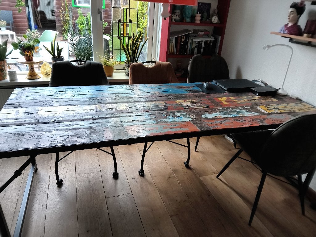 eetkamertafel scheepshout, Ophalen, Teakhout, 200 cm of meer, 50 tot 100 cm