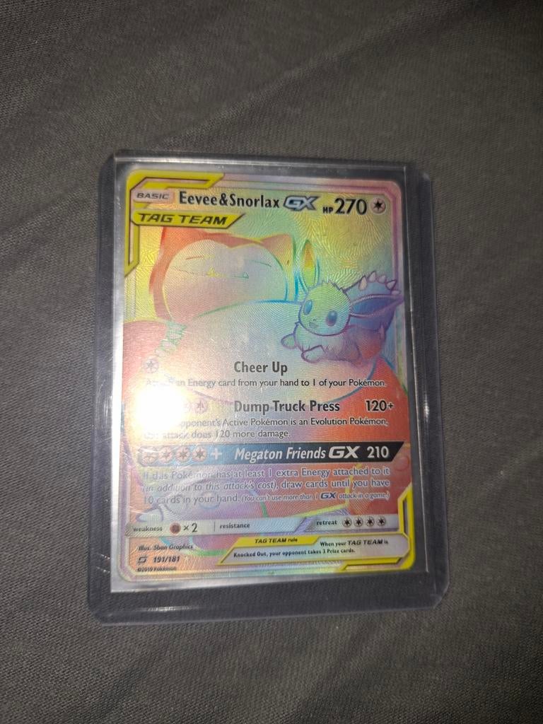 Pokemon Kaart Eevee & Snorlax GX Tag Team Rainbow Rare, Ophalen of Verzenden, Zo goed als nieuw, Losse kaart, Foil