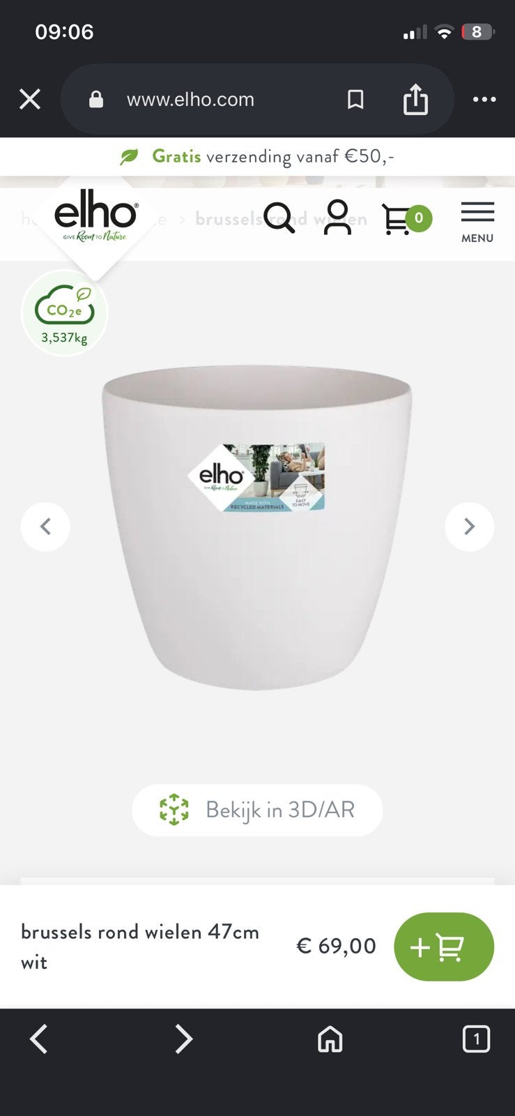 Elho | Brussels Rond Wielen 47CM WIT, Ophalen, Kunststof, Rond, Zo goed als nieuw