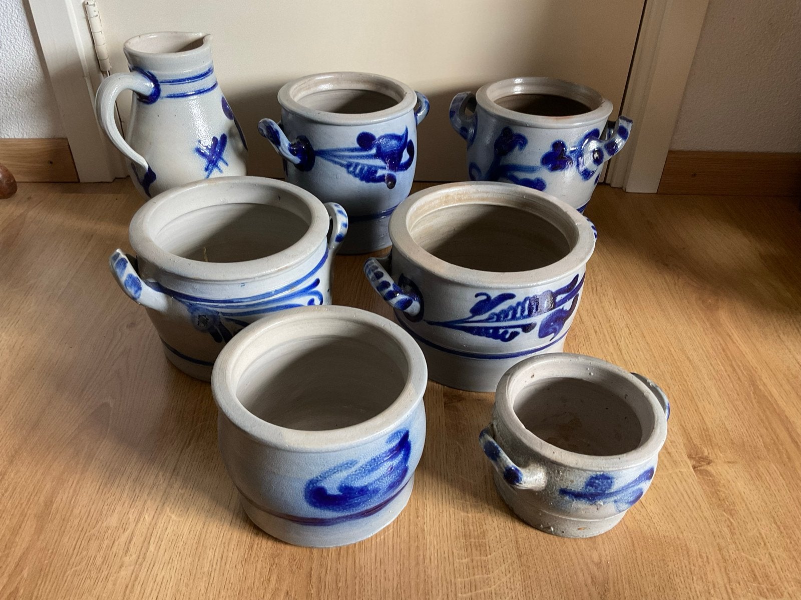 Set van 7 vintage aardewerken keulse potten en kruik, Ophalen of Verzenden