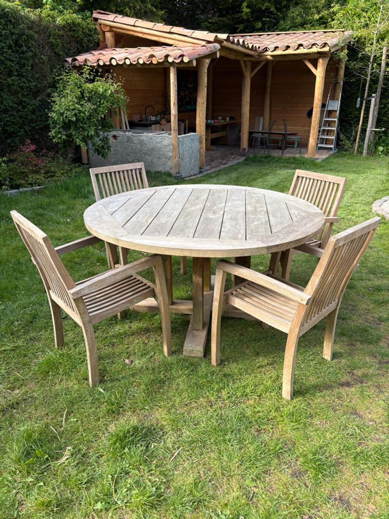 Teakhouten tuinset met ronde tafel en 4 stoelen, Ophalen, 4 zitplaatsen, Gebruikt, Eettafel