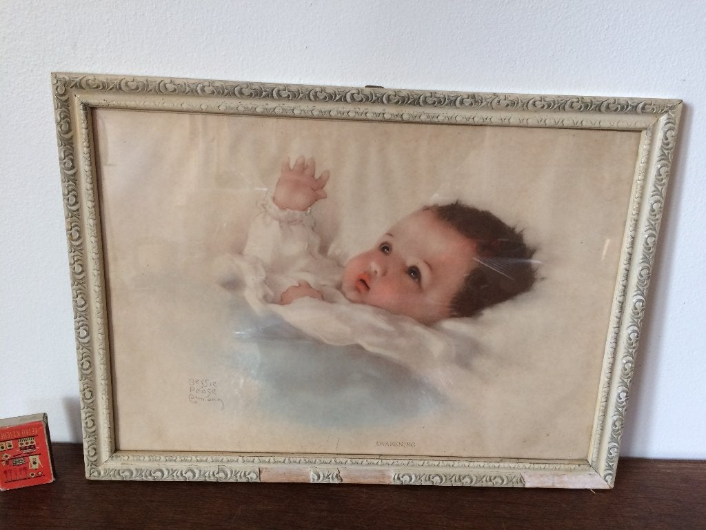 pasgeboren jongetje baby jaren 50 vintage lief schilderijtje, Ophalen of Verzenden, Gebruikt, Ingelijst, Wanddecoratie