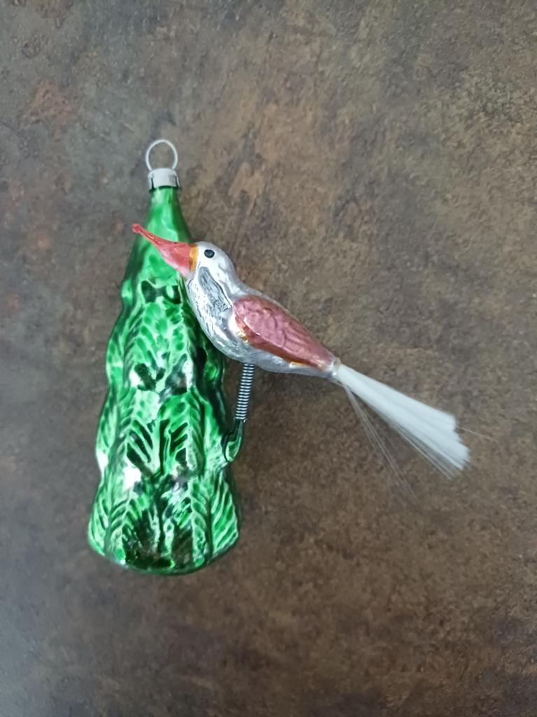 Vintage kerstbal van glas vogel aan boom, Ophalen of Verzenden