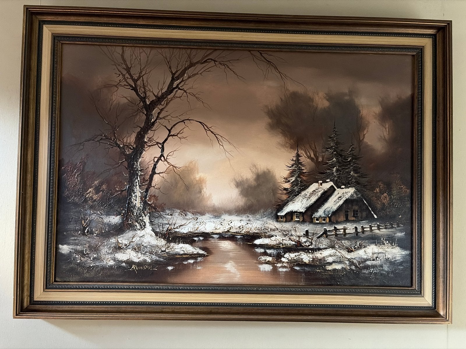 Schilderij van Bruinsma - Winterlandschap met huisjes, Doek, Realistisch, Ophalen of Verzenden, Gesigneerd