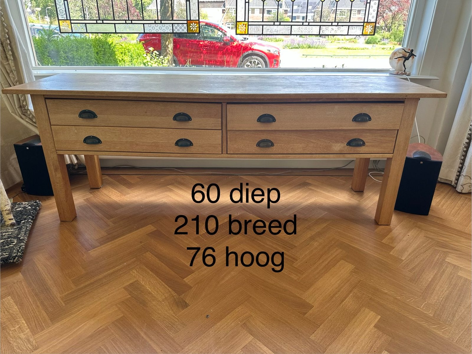 Side table met 4 ruime opberglades , eikenhout, Ophalen