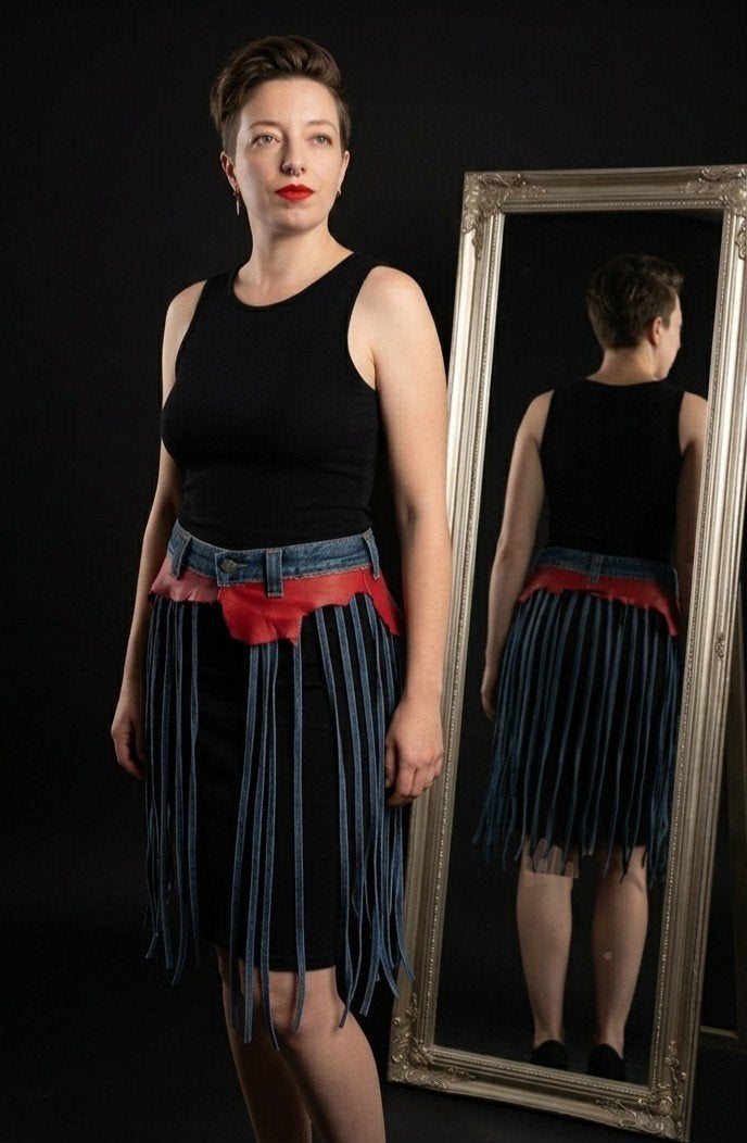 Reworked Denim Franje Rok met Rood Nappaleder – Handmade (Ta, Maat 38/40 (M), Blauw, Nieuw, Ophalen of Verzenden