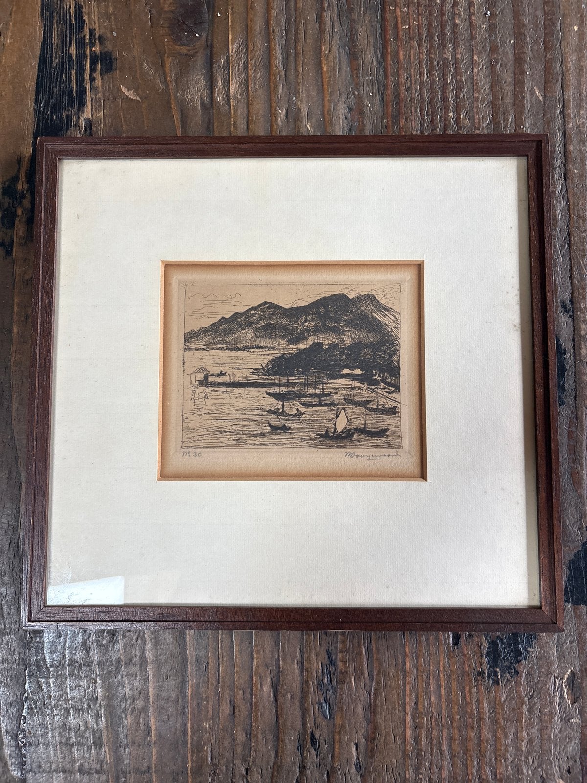 Gesigneerde Ets: Haven met Bergen, Singer Memorial, Ophalen, Gesigneerd, Landschap, 1950 - 1999