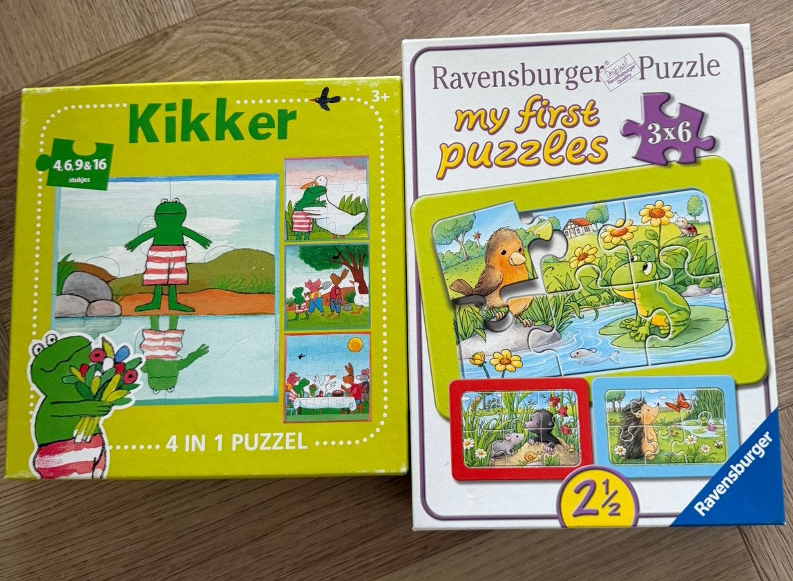 2 leuke kinderpuzzels – Kikker & Ravensburger, Ophalen of Verzenden, 10 tot 50 stukjes, Zo goed als nieuw