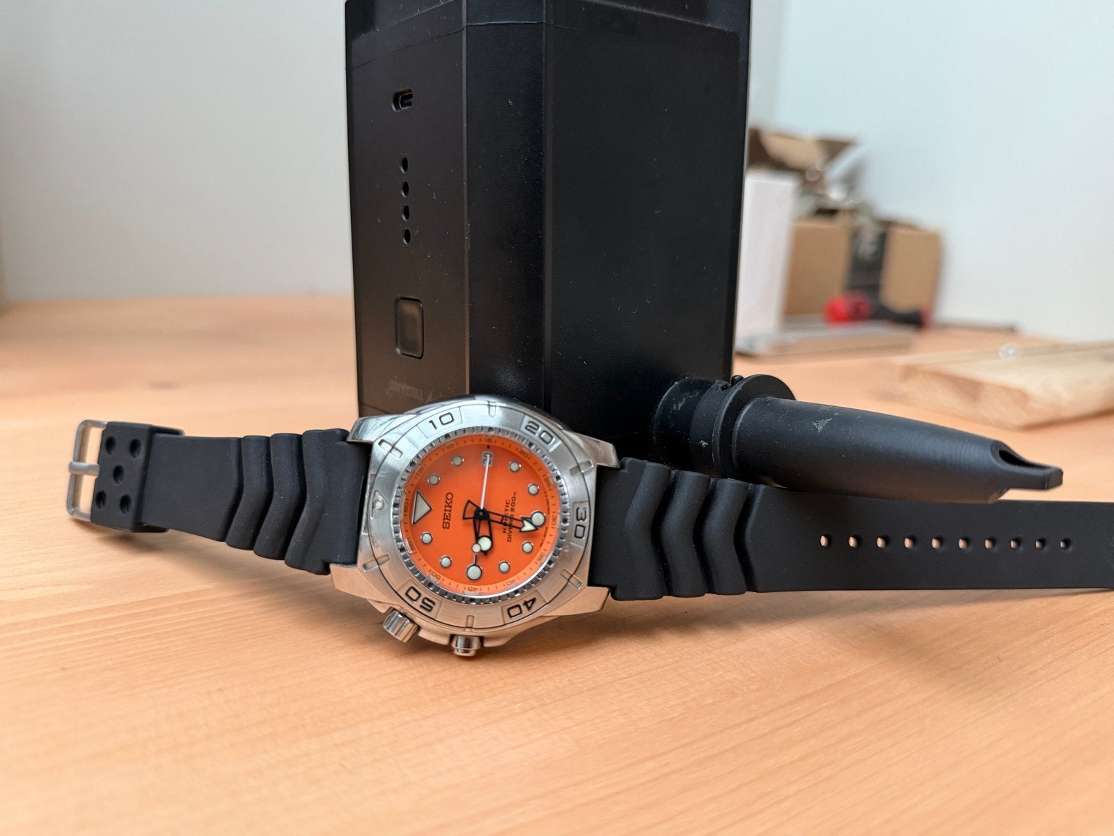 Zeldzame Seiko SKA291 Kinetic Diver - Oranje Wijzerplaat, Seiko, Gebruikt, Staal, Polshorloge