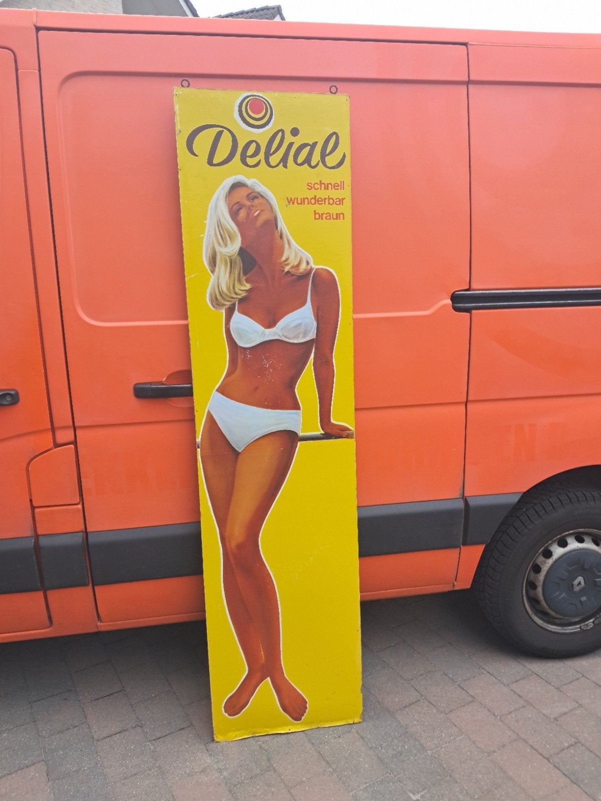 Delial zonnebrand reclame bord jaren 70e 200cm bij 50cm, Verzamelen, Ophalen, Reclamebord, Eu, Eu