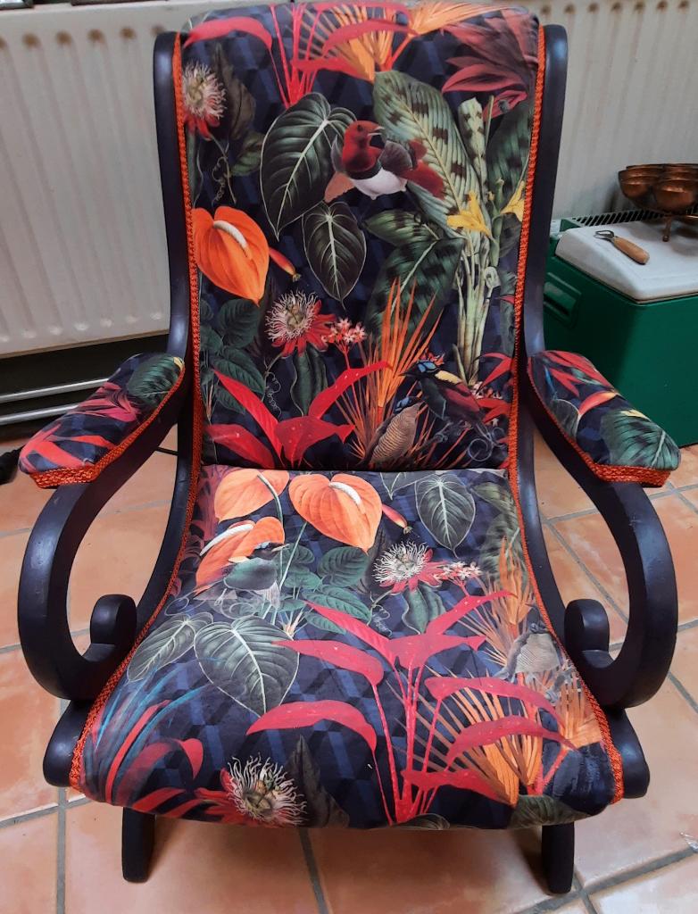 luxe fauteuil bekleed met fluweelstof met bloemen en vogels, Ophalen, Overige materialen, Art deco, floraal, 75 tot 100 cm