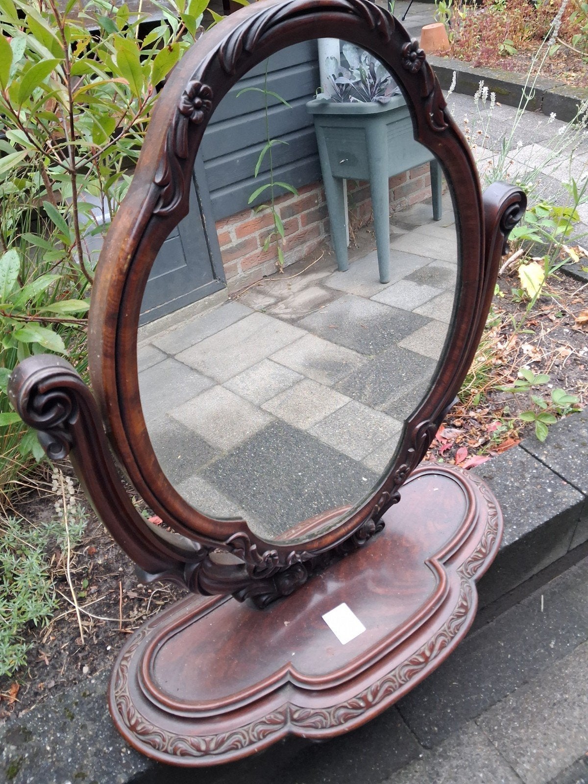 Antieke ovale spiegel met houten lijst kapspiegel, Ophalen, Ovaal, Minder dan 50 cm, 100 tot 150 cm