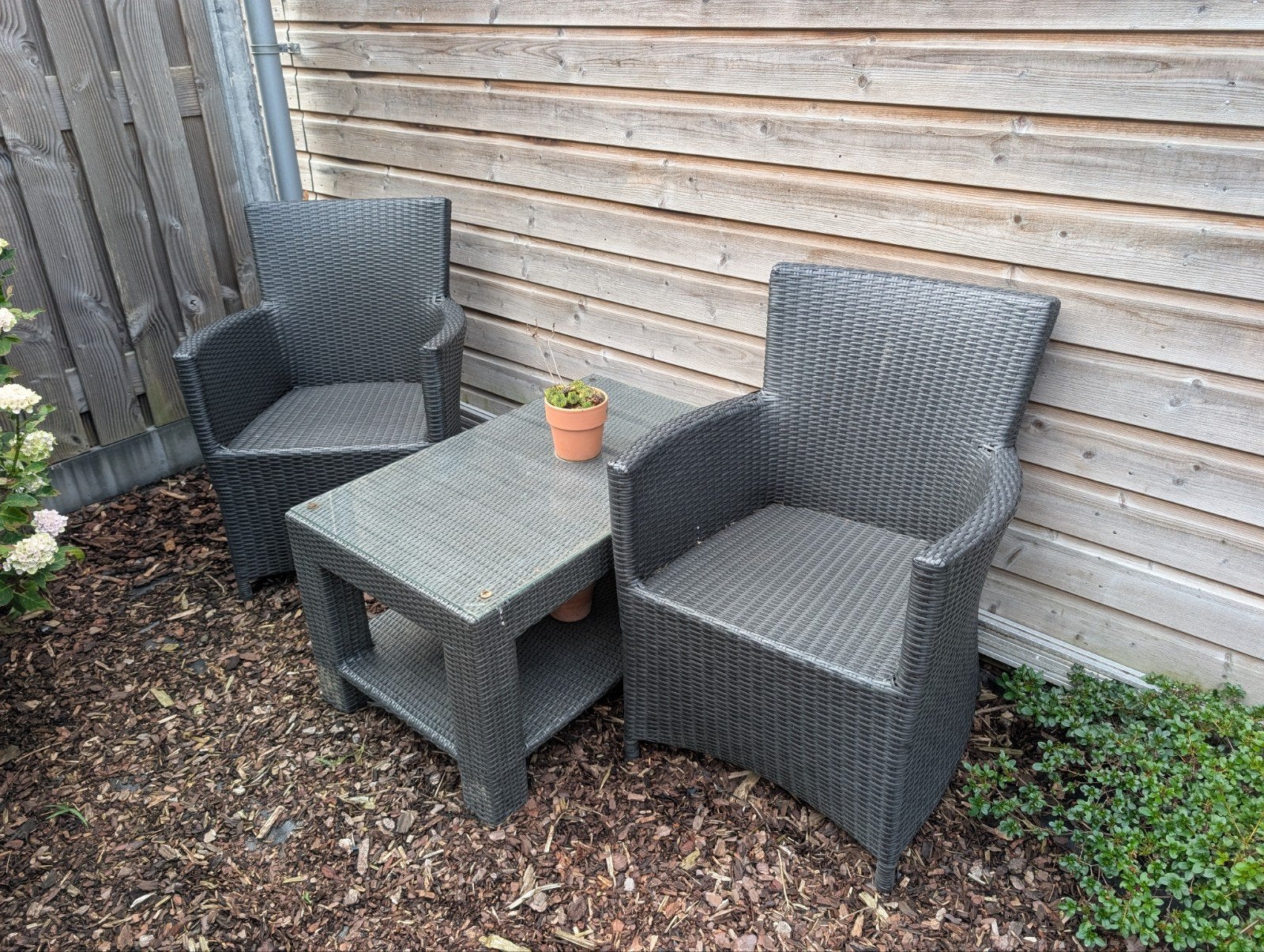 Gezellige wicker tuinset met 2 stoelen en bijzettafel, Gebruikt, Bijzettafel, Wicker, Tuinset