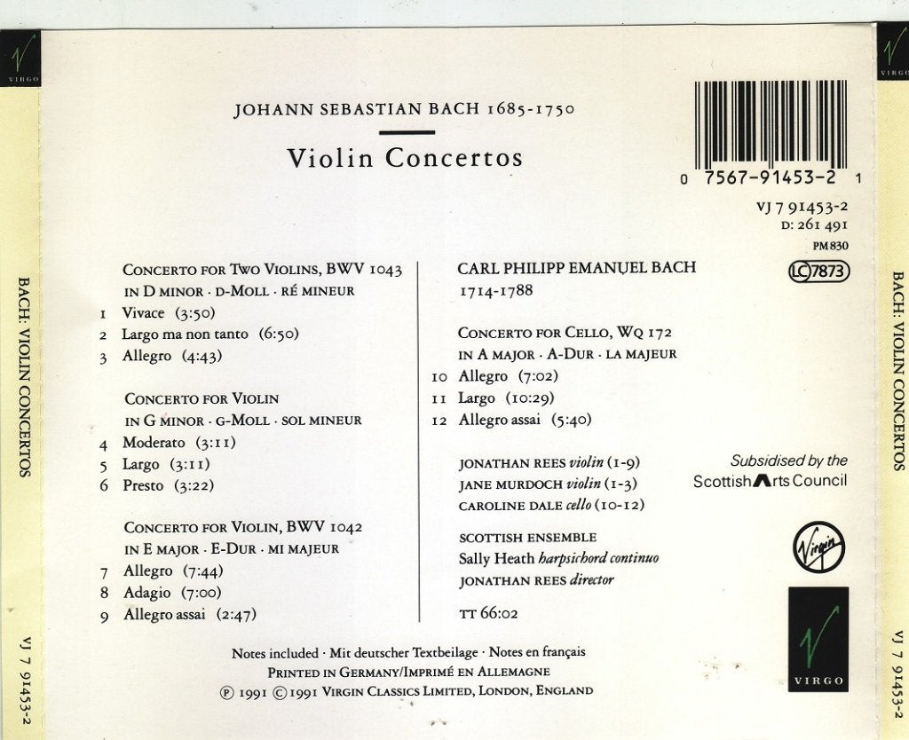 CD - J. Rees/Scottish ensemble - Bach Violin Concerto - 1991, Gebruikt, Overige typen, Ophalen of Verzenden, Barok