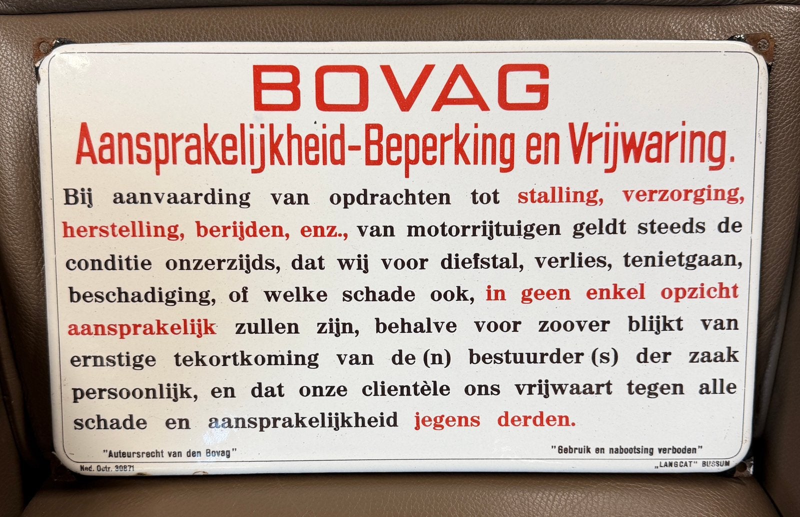 Emaille bord reclamebord Bovag Langcat met oct oude spelling, Ophalen, Zo goed als nieuw, Reclamebord