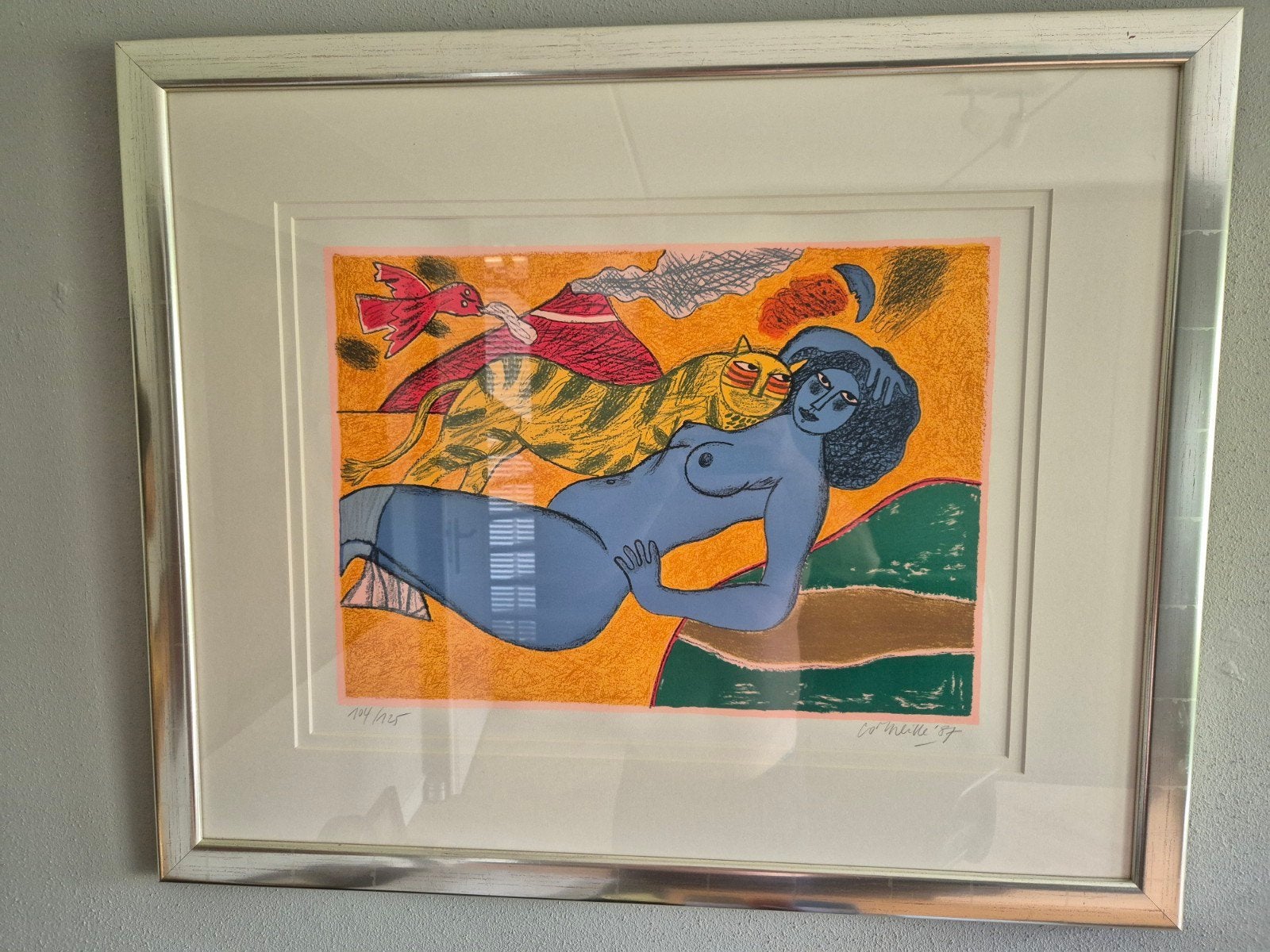 Corniele - Vrouw met kat en vogel (104/125), Ingelijst, Ophalen, Portret en Figuren, Lithografie