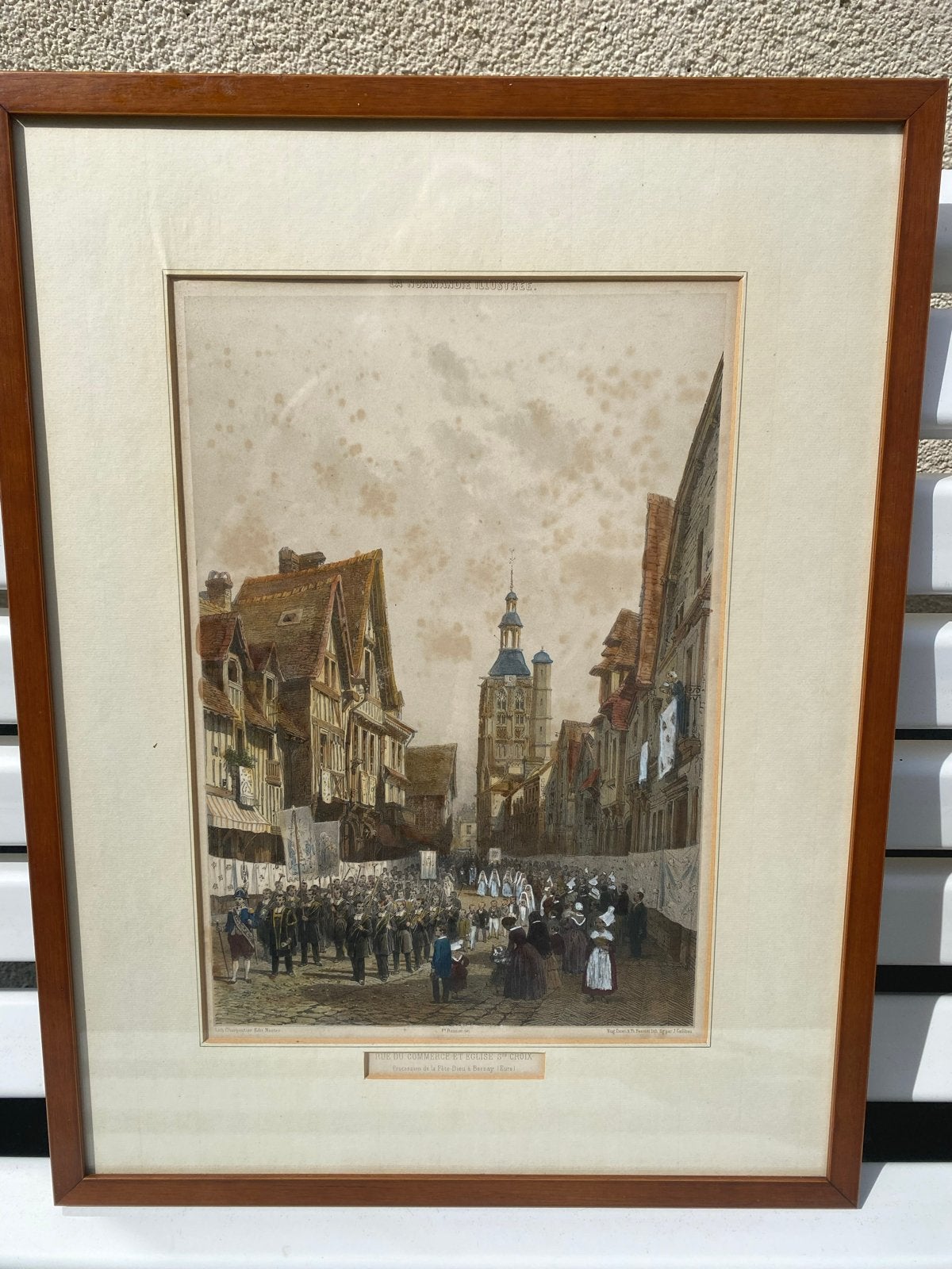 Antieke Lithografie: Processie in een Franse Stad, Antiek en Kunst, Ingelijst, 1800 - 1899, Stadsgezicht, Ophalen of Verzenden