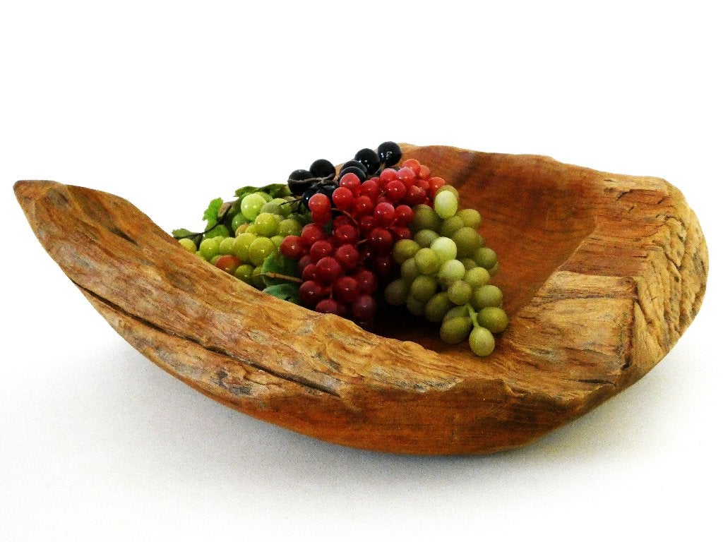 Robuuste teak houten schaal met decoratie druiventrossen, Antiek en Kunst, Kunst | Beelden en Houtsnijwerken, Overige typen, Overige onderwerpen