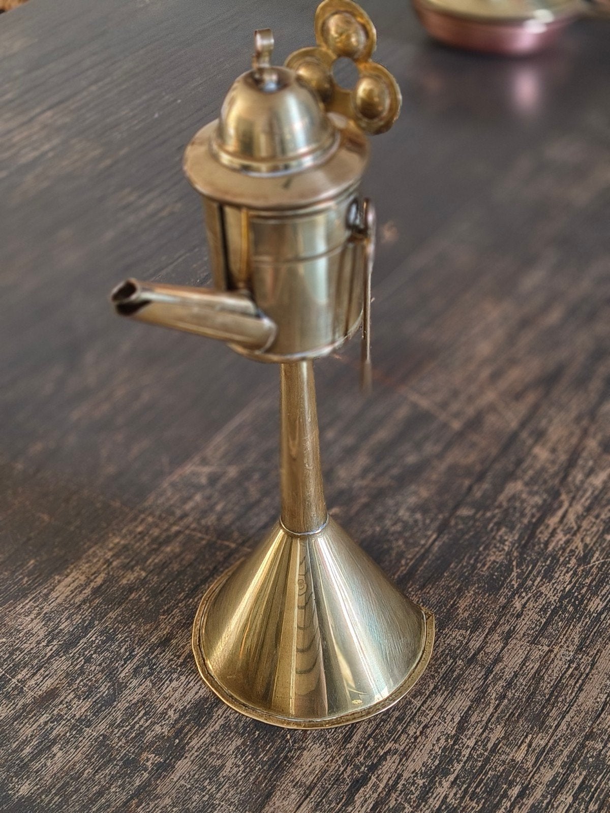 Antieke koperen olielamp met trechter en accessoires, Antiek en Kunst, Ophalen of Verzenden